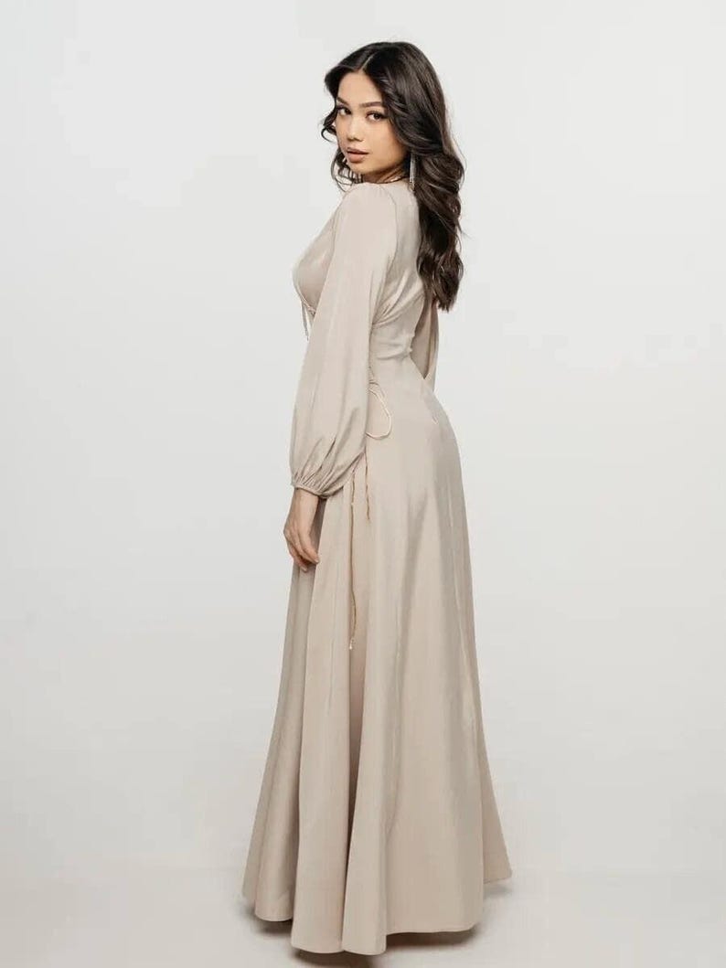 Elegant Long Sleeve Satin Gown, Modest A Line Formal Dress, Bridesmaid Dress, Wedding Guest Maxi Dress