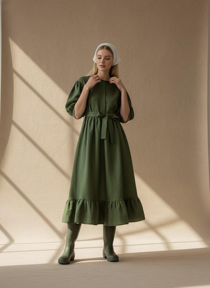Cottagecore Midi Linen Dress, Puff Sleeve Prairie Dress, Vintage Inspired Ruffle Hem Dress, Farmhouse Country Outfit