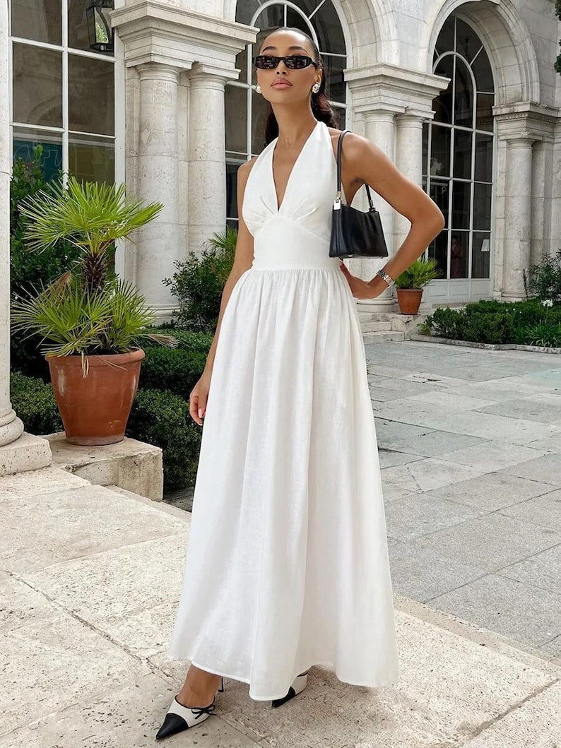 Linen Halter V Neck Bridal Dress, Minimal Midi Wedding Dress, Simple Modern Bride Outfit for Civil Ceremony & Reception