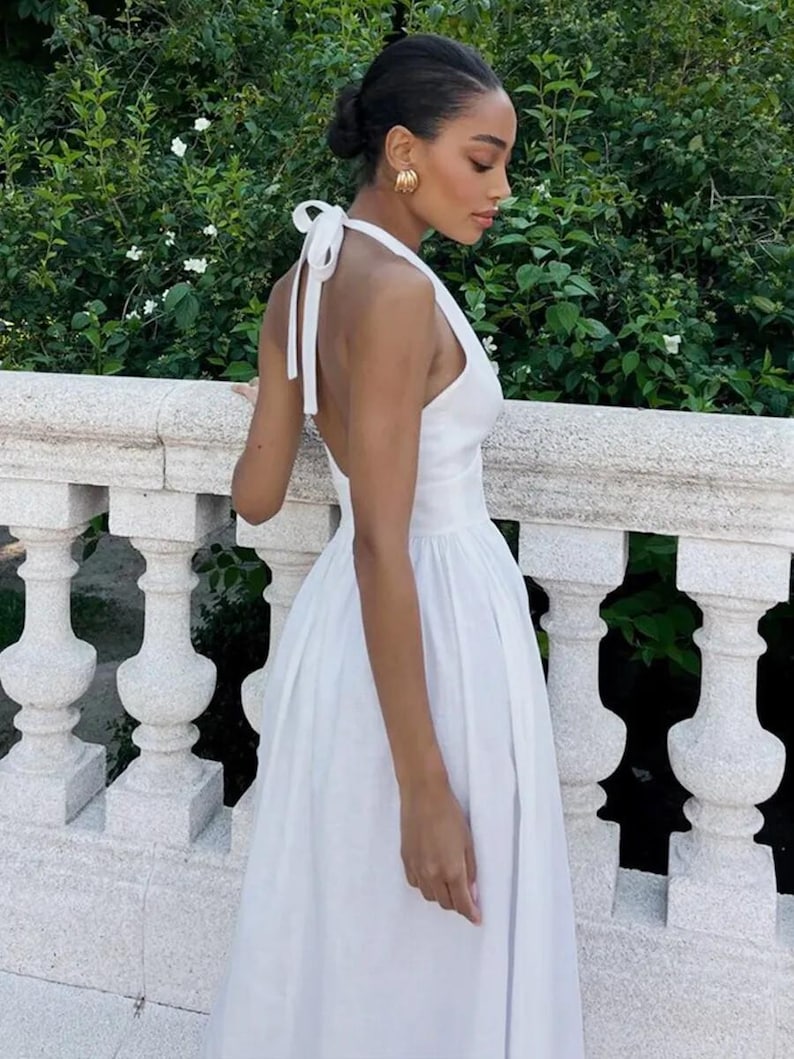 Linen Halter V Neck Bridal Dress, Minimal Midi Wedding Dress, Simple Modern Bride Outfit for Civil Ceremony & Reception