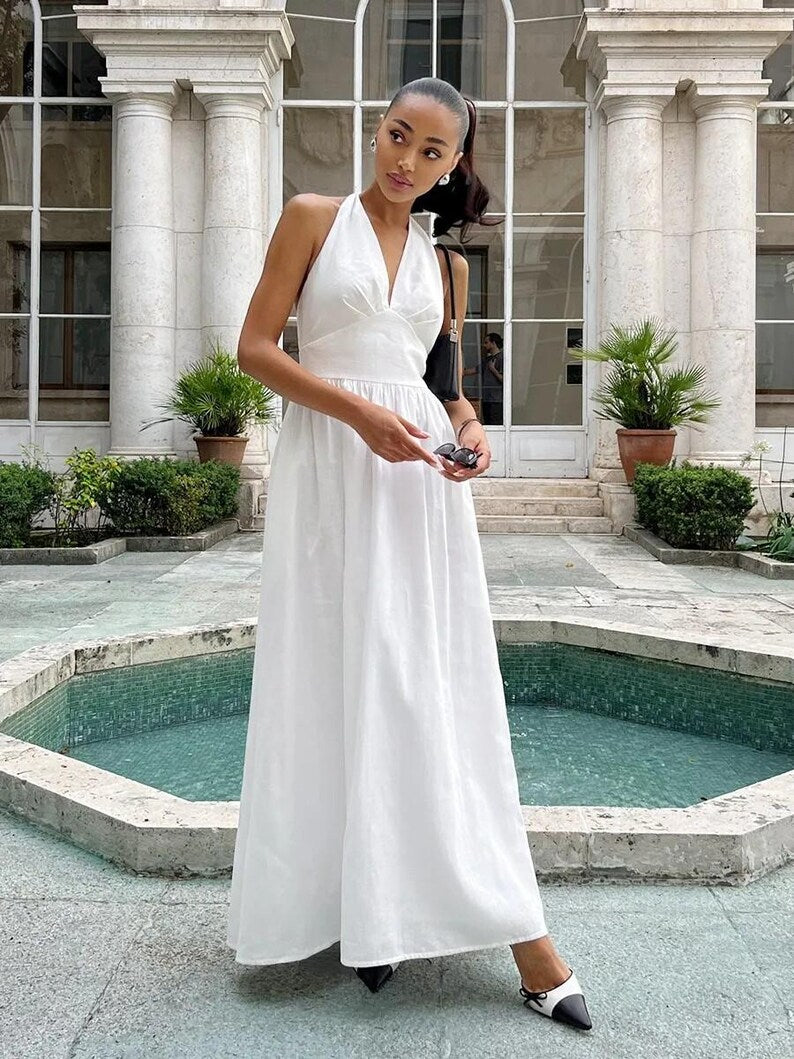 Linen Halter V Neck Bridal Dress, Minimal Midi Wedding Dress, Simple Modern Bride Outfit for Civil Ceremony & Reception
