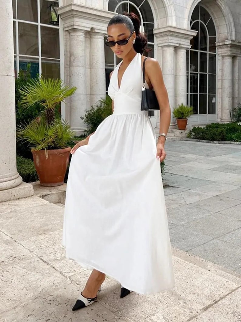 Linen Halter V Neck Bridal Dress, Minimal Midi Wedding Dress, Simple Modern Bride Outfit for Civil Ceremony & Reception