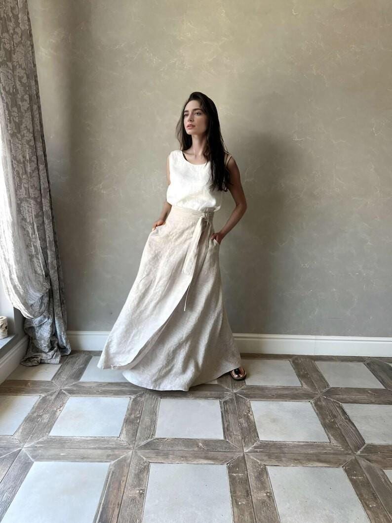 High Waist Linen Maxi Skirt with Pockets, Plus Size Summer Wrap Around Style, Long Flowy Flax Skirt, Cottagecore Dress