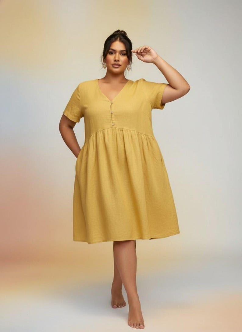 Linen Plus Size Dress, Babydoll Dress with Button Front, Everyday Summer Dress, Comfortable Fit