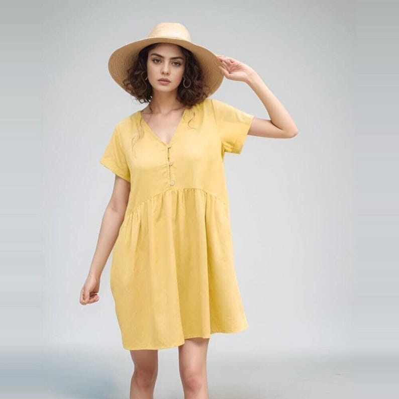 Linen Plus Size Dress, Babydoll Dress with Button Front, Everyday Summer Dress, Comfortable Fit