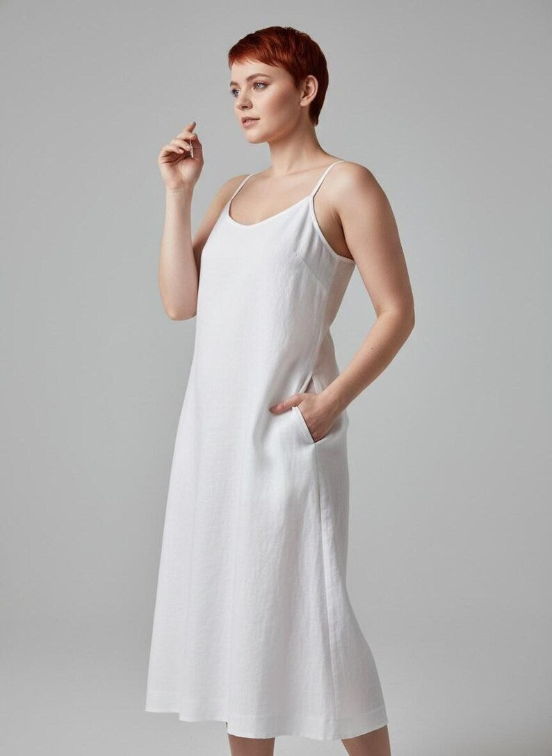 Plus Size Linen Slip Dress, Minimalist Linen Maxi Dress with Pockets, Linen Sleeveless Dress, Casual Resort Outfit