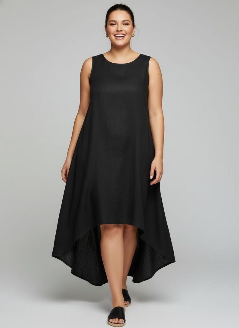 Sleeveless Linen Midi Dress, Plus Size Outfit With High Low Hem, Relaxed Ethical Minimalist Clothing For Everyday Or Events