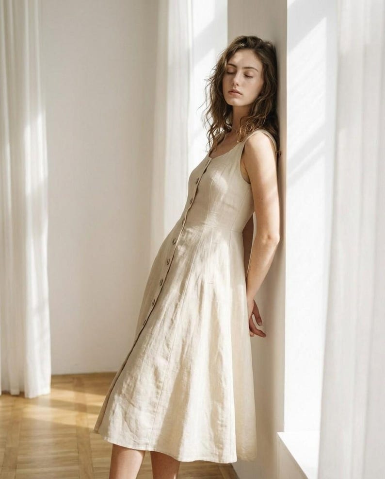Sleeveless Linen Midi Dress, Button Front Fit & Flare