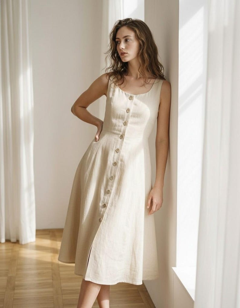 Sleeveless Linen Midi Dress, Button Front Fit & Flare