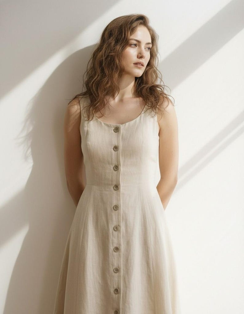 Sleeveless Linen Midi Dress, Button Front Fit & Flare