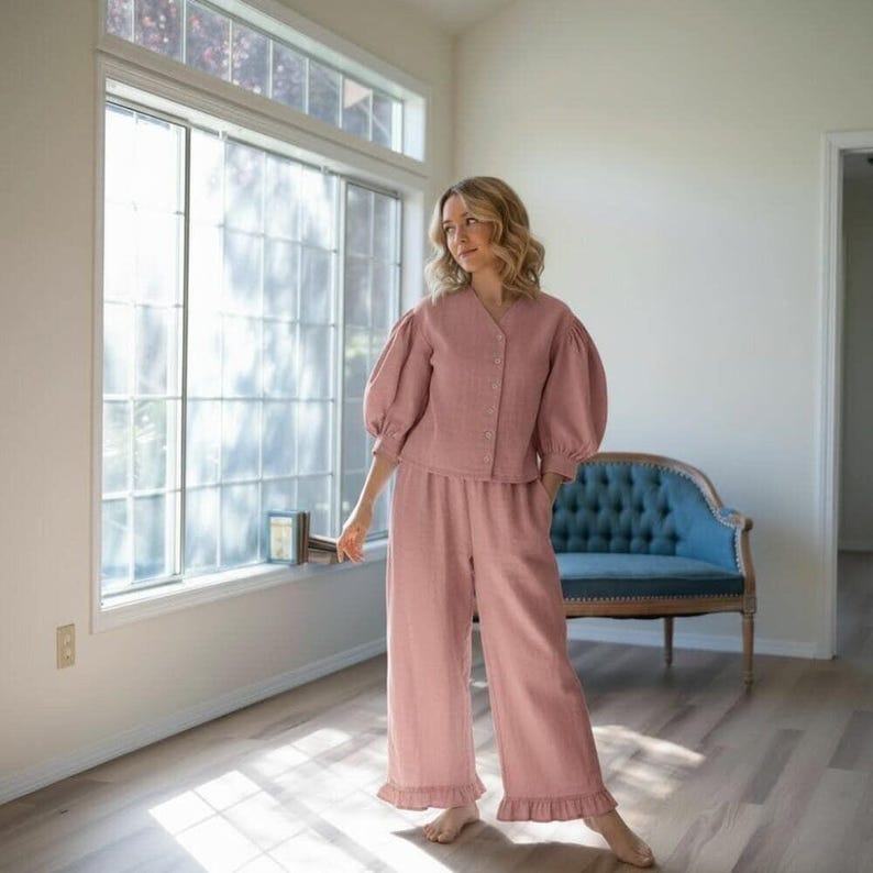 Linen Pajama Set, Cottagecore Sleepwear, Puff Sleeve Top and Wide Leg Pants, Vintage Loungewear Set, Women Linen PJS