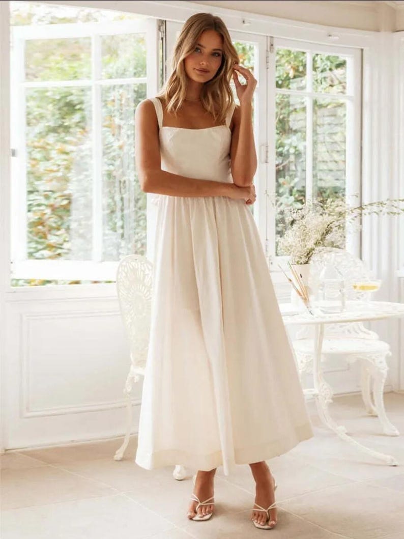 Boho Linen Open Back Maxi Dress With Bow Tie, Square Neck Linen Dress, Handmade Summer Wedding Dress, Elegant Linen Gown