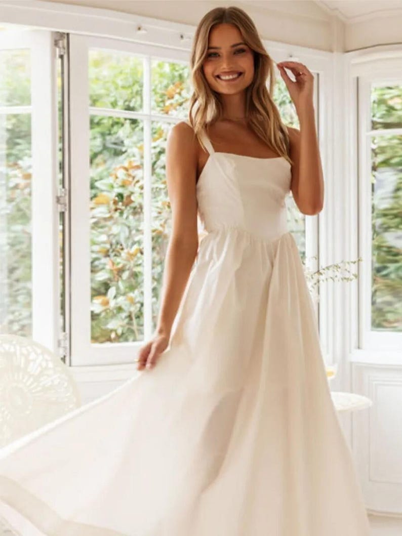 Boho Linen Open Back Maxi Dress With Bow Tie, Square Neck Linen Dress, Handmade Summer Wedding Dress, Elegant Linen Gown