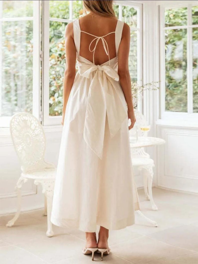 Boho Linen Open Back Maxi Dress With Bow Tie, Square Neck Linen Dress, Handmade Summer Wedding Dress, Elegant Linen Gown