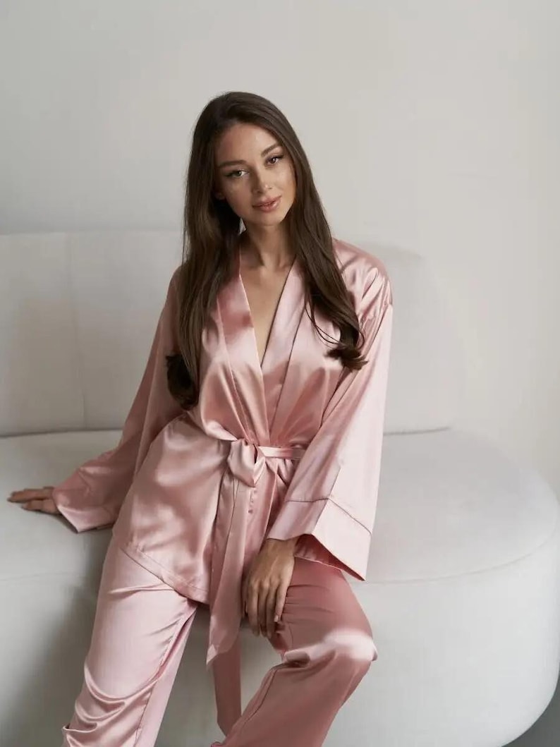 Wrap Kimono Silk Pajama Set, Satin Loungewear Set, Bridesmaid Getting Ready Outfit, Luxury Sleepwear, Wedding Morning Gift