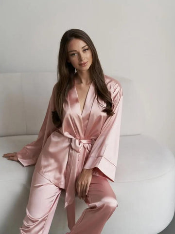 Wrap Kimono Silk Pajama Set, Satin Loungewear Set, Bridesmaid Getting Ready Outfit, Luxury Sleepwear, Wedding Morning Gift