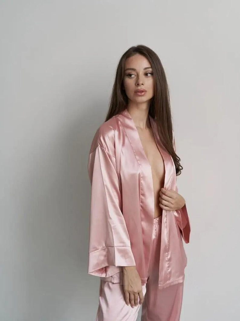 Wrap Kimono Silk Pajama Set, Satin Loungewear Set, Bridesmaid Getting Ready Outfit, Luxury Sleepwear, Wedding Morning Gift