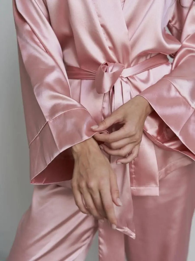 Wrap Kimono Silk Pajama Set, Satin Loungewear Set, Bridesmaid Getting Ready Outfit, Luxury Sleepwear, Wedding Morning Gift