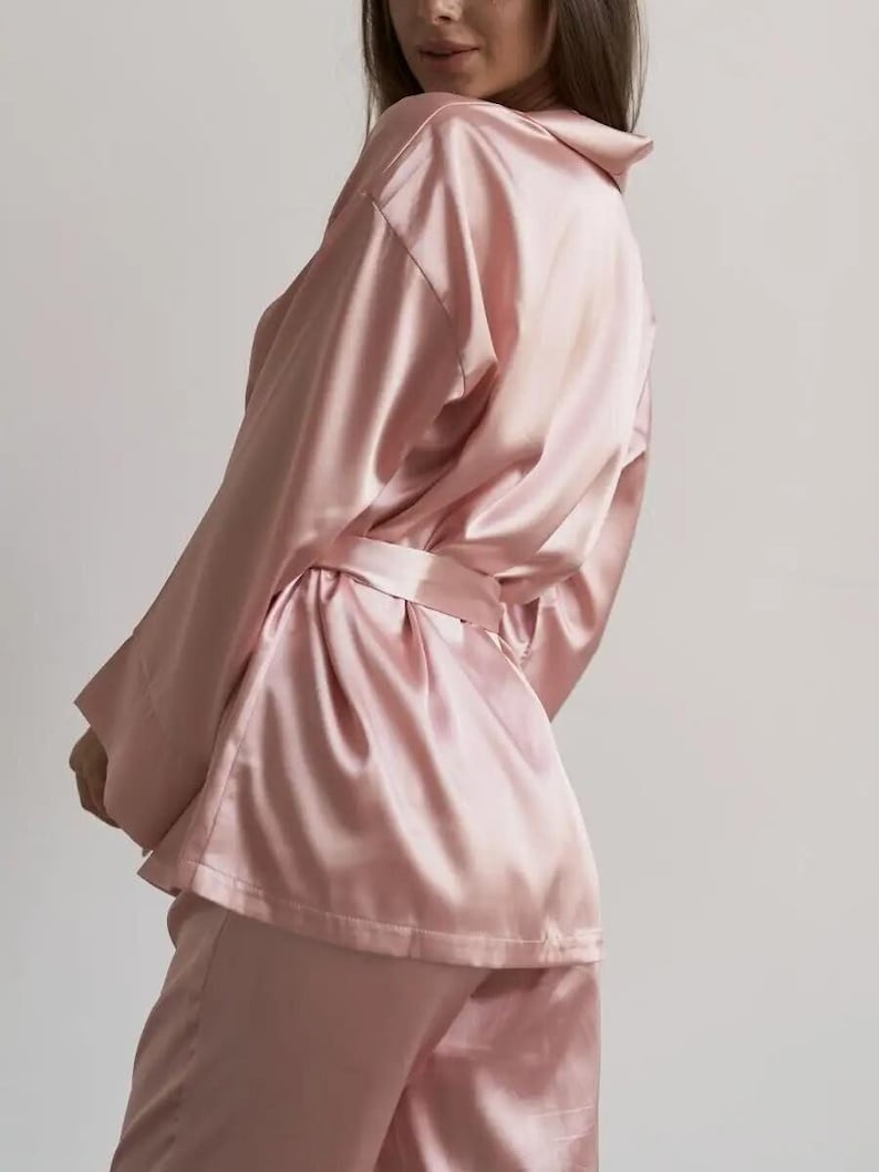 Wrap Kimono Silk Pajama Set, Satin Loungewear Set, Bridesmaid Getting Ready Outfit, Luxury Sleepwear, Wedding Morning Gift