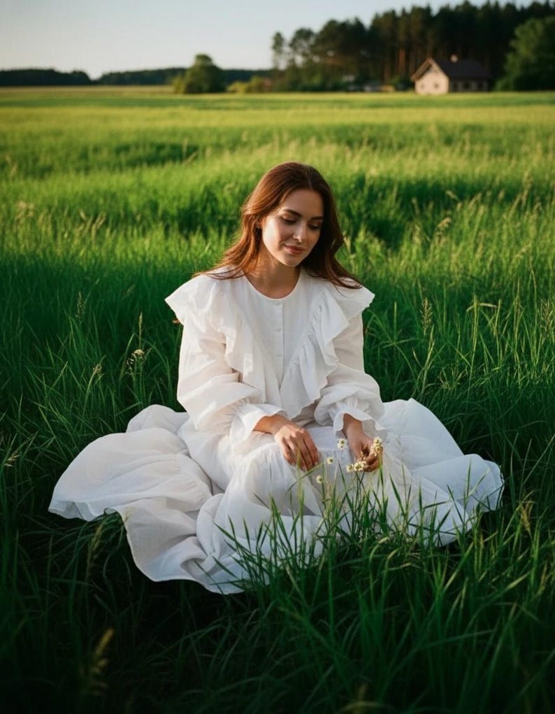 Vintage Ruffle Linen Maxi Dress, Cottagecore Fairy Long Sleeve Gown, Rustic Prairie Wedding Guest Dress, Linen Nightgown