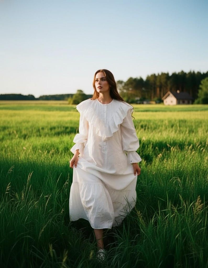 Vintage Ruffle Linen Maxi Dress, Cottagecore Fairy Long Sleeve Gown, Rustic Prairie Wedding Guest Dress, Linen Nightgown