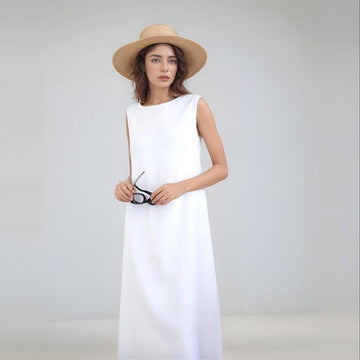 Open Back Sleeveless Linen Maxi Dress, Boat Neck Sundress, Natural Cotton Feel, Flowy and Elegant, Minimalist Linen Outfit