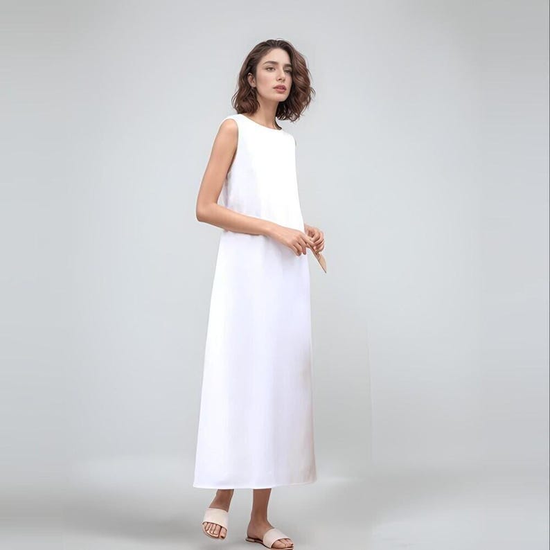 Open Back Sleeveless Linen Maxi Dress, Boat Neck Sundress, Natural Cotton Feel, Flowy and Elegant, Minimalist Linen Outfit