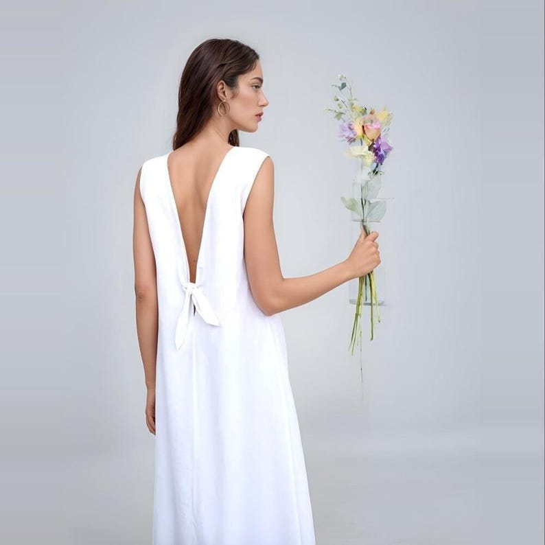 Open Back Sleeveless Linen Maxi Dress, Boat Neck Sundress, Natural Cotton Feel, Flowy and Elegant, Minimalist Linen Outfit