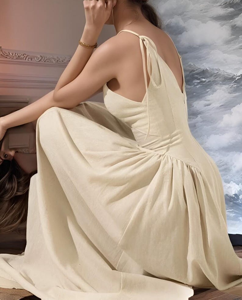 Linen Maxi Dress for Women, Sleeveless Empire Waist Dress, Wide Straps, Summer Vacation Outfit, Minimalist Natural Clothing