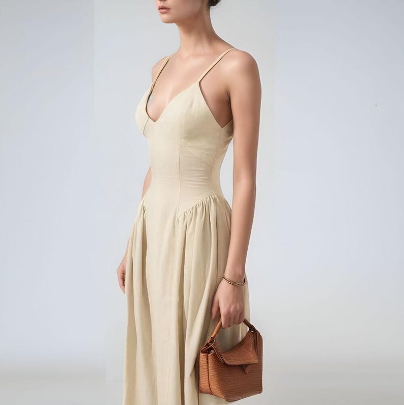 Linen Maxi Dress for Women, Sleeveless Empire Waist Dress, Wide Straps, Summer Vacation Outfit, Minimalist Natural Clothing