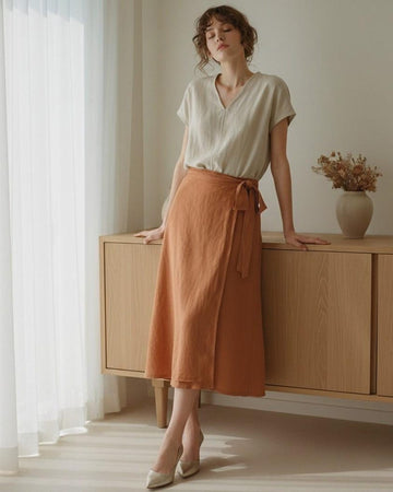 Linen A Line Wrap Skirt With Ties, Midi Skirt, Minimalist Linen Clothing For Women, Casual Elegant Style