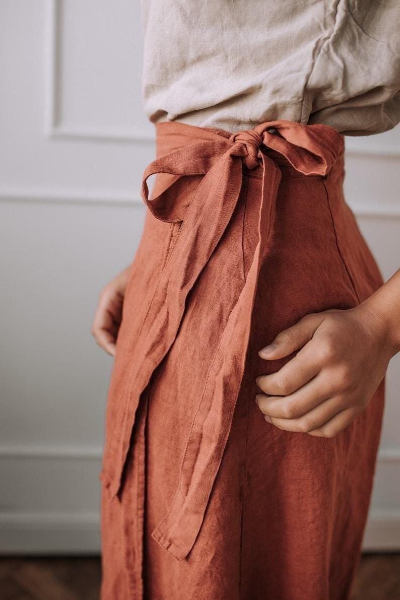 Linen A Line Wrap Skirt With Ties, Midi Skirt, Minimalist Linen Clothing For Women, Casual Elegant Style
