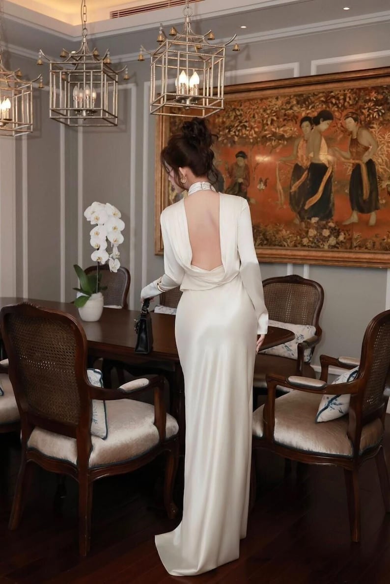 Elegant Long Sleeve Silk Evening Gown with Open Back, Satin Dress for Formal, Party & Wedding Events