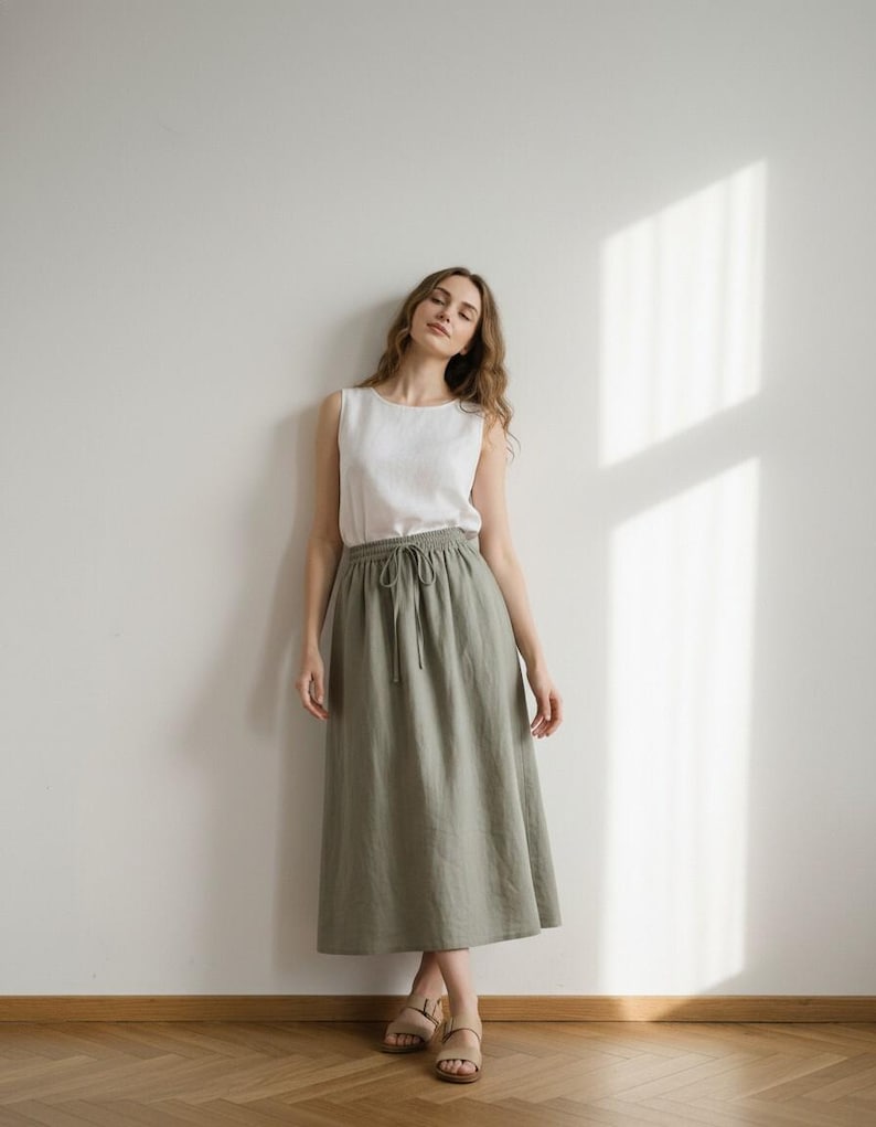 Linen Midi Skirt, Elastic Waist Skirt, Drawstring Linen Skirt, Minimal Summer Skirt, Casual Daily Wear