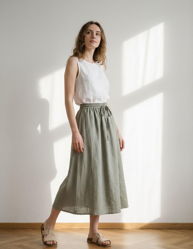 Linen Midi Skirt, Elastic Waist Skirt, Drawstring Linen Skirt, Minimal Summer Skirt, Casual Daily Wear