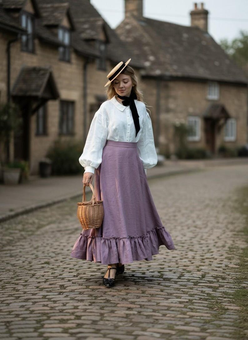 Linen Ruffle Maxi Skirt, Cottagecore Long Skirt, High Waist Vintage Inspired Skirt