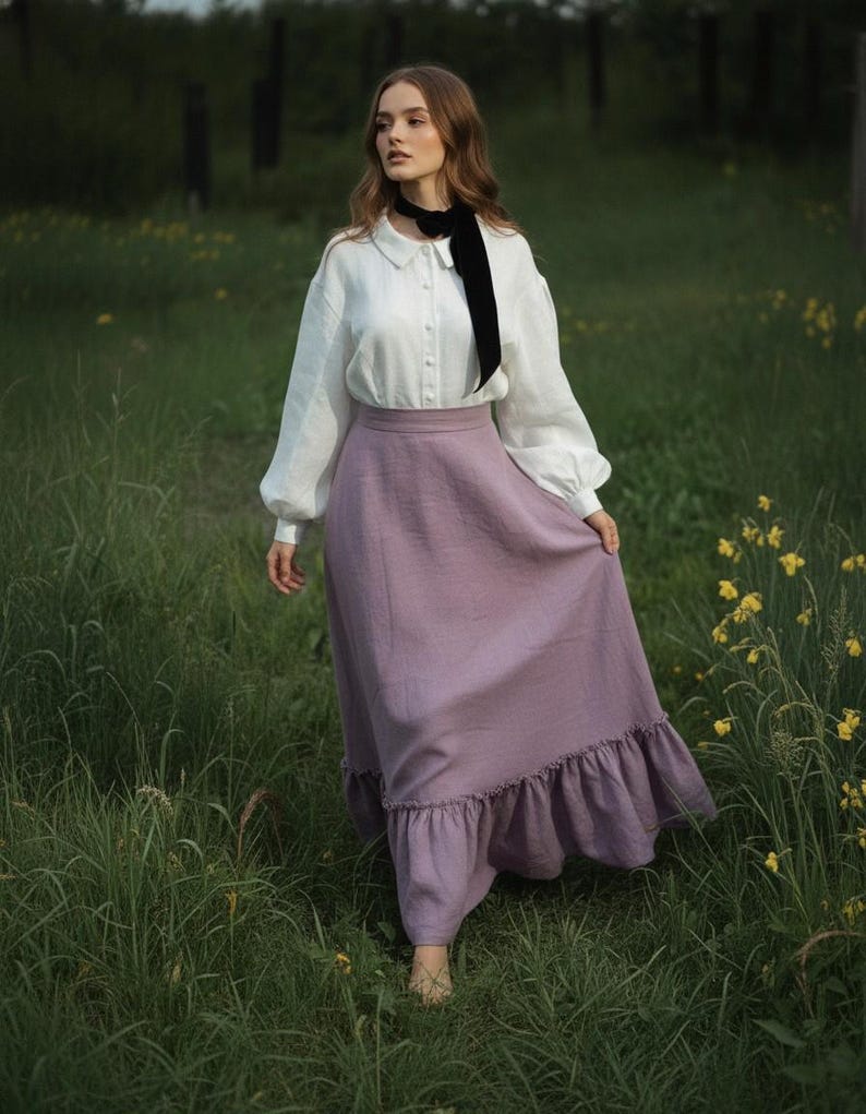 Linen Ruffle Maxi Skirt, Cottagecore Long Skirt, High Waist Vintage Inspired Skirt