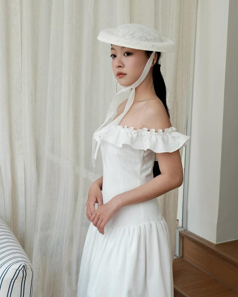 White Linen Off Shoulder Maxi Dress, Ruffle Summer Dress, Cottagecore Romantic Linen Gown
