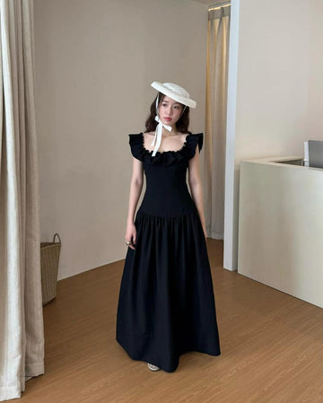 Minimal Black Off Shoulder Linen Maxi Dress, Elegant Ruffle Wedding Dress, Modern Bridal Gown