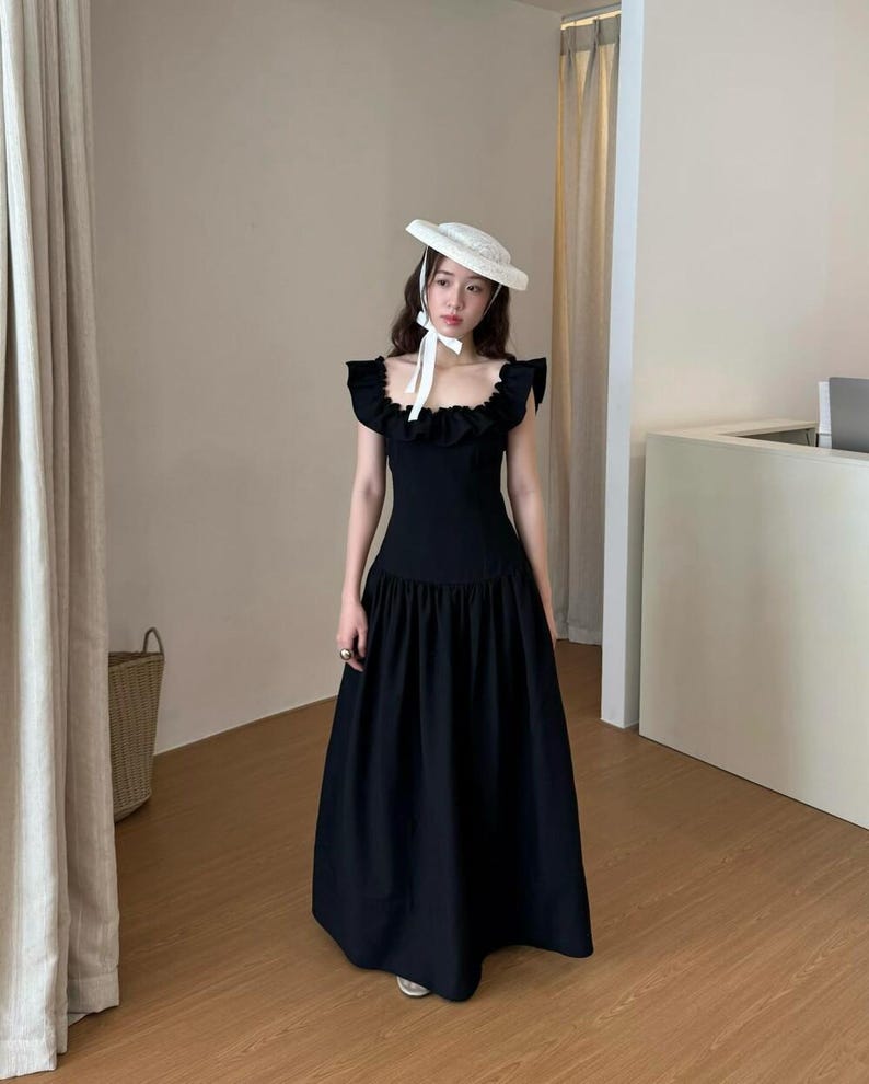 Minimal Black Off Shoulder Linen Maxi Dress, Elegant Ruffle Wedding Dress, Modern Bridal Gown