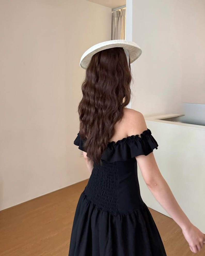 Minimal Black Off Shoulder Linen Maxi Dress, Elegant Ruffle Wedding Dress, Modern Bridal Gown
