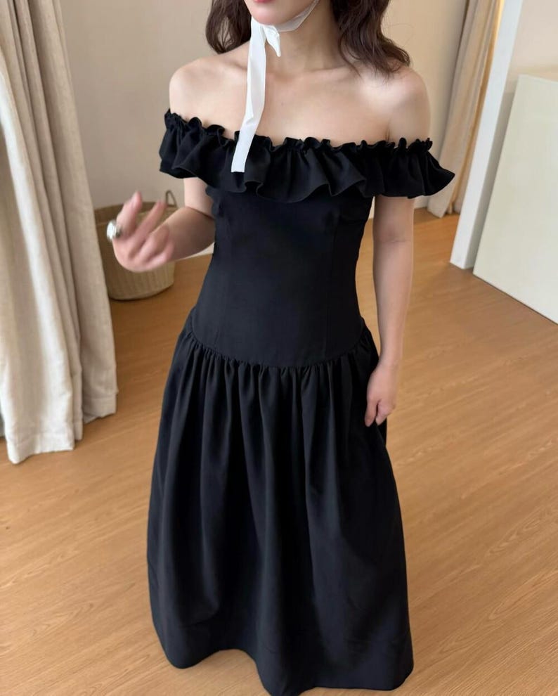 Minimal Black Off Shoulder Linen Maxi Dress, Elegant Ruffle Wedding Dress, Modern Bridal Gown