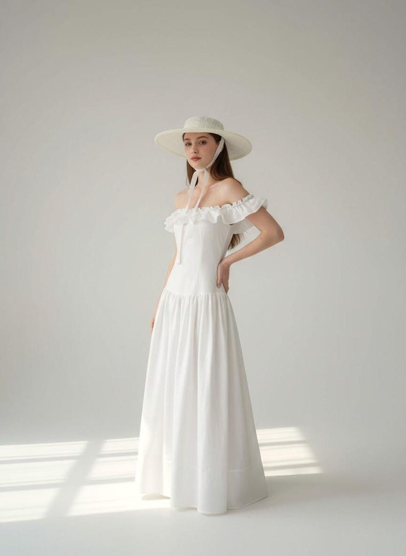 Off Shoulder Linen Maxi Dress, Ruffle Neck Summer Wedding Dress, White Maxi Linen Dress, Romantic Beach Bridal Gown