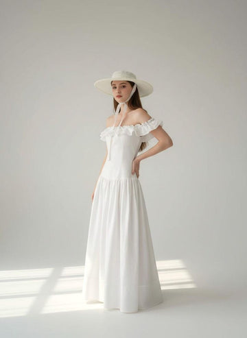 Off Shoulder Linen Maxi Dress, Ruffle Neck Summer Wedding Dress, White Maxi Linen Dress, Romantic Beach Bridal Gown