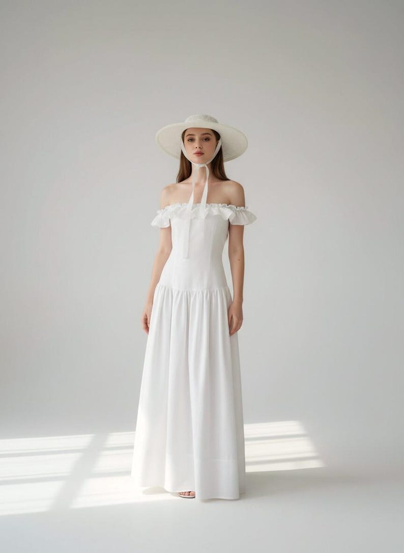 Off Shoulder Linen Maxi Dress, Ruffle Neck Summer Wedding Dress, White Maxi Linen Dress, Romantic Beach Bridal Gown