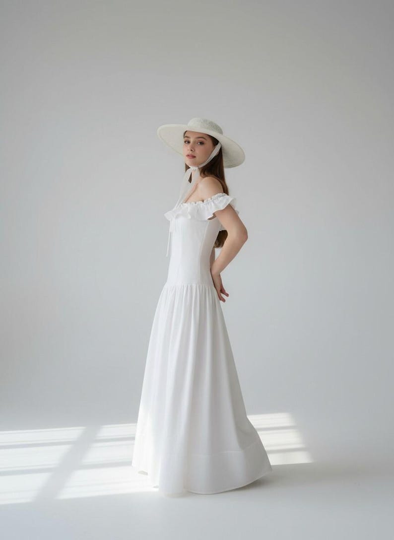 Off Shoulder Linen Maxi Dress, Ruffle Neck Summer Wedding Dress, White Maxi Linen Dress, Romantic Beach Bridal Gown