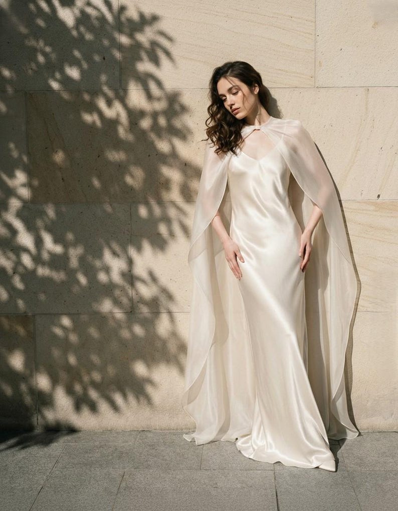Silk Slip Wedding Dress with Sheer Cape, Minimal Bridal Gown, Elegant Modern Bride Dress