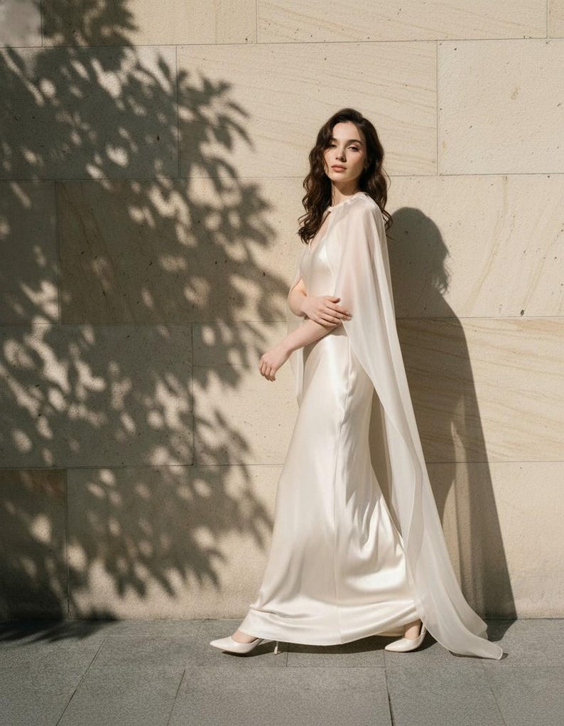 Silk Slip Wedding Dress with Sheer Cape, Minimal Bridal Gown, Elegant Modern Bride Dress