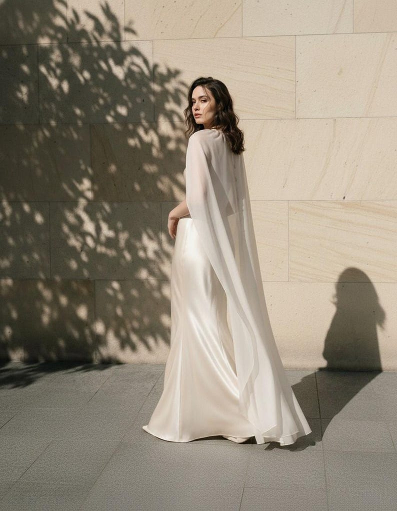 Silk Slip Wedding Dress with Sheer Cape, Minimal Bridal Gown, Elegant Modern Bride Dress