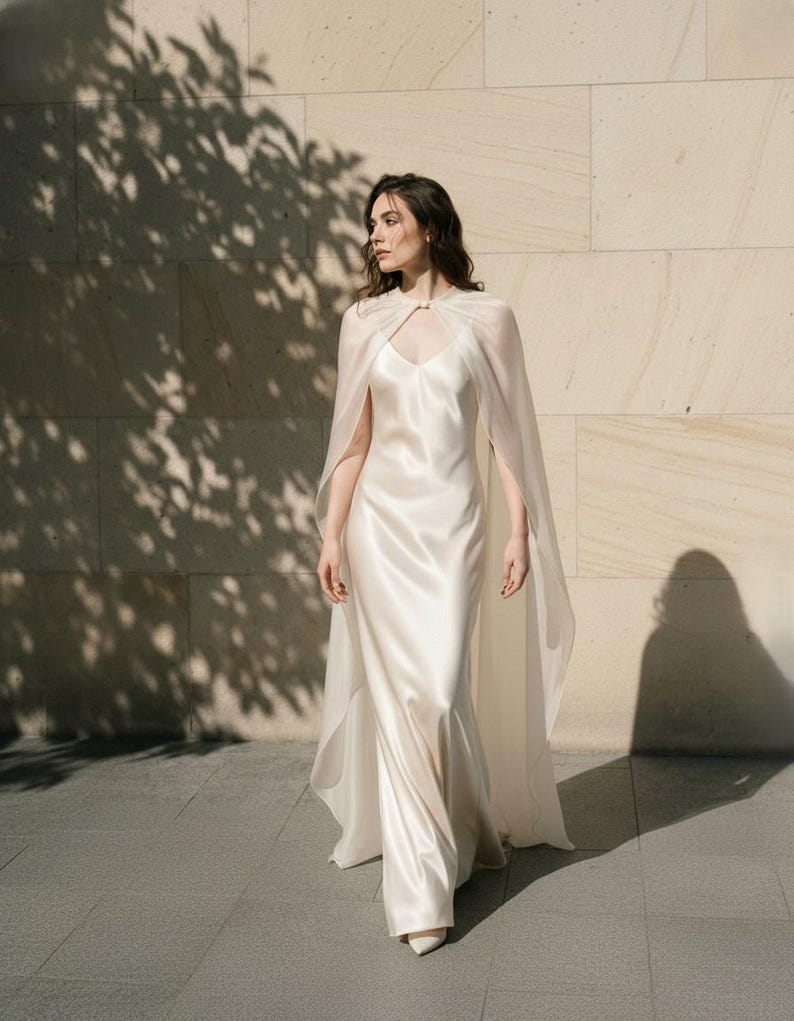 Silk Slip Wedding Dress with Sheer Cape, Minimal Bridal Gown, Elegant Modern Bride Dress